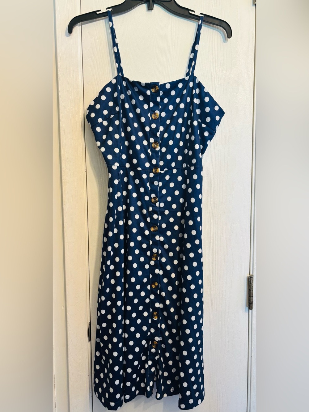 Navy Blue Polka Dot Button-Front Midi Dress